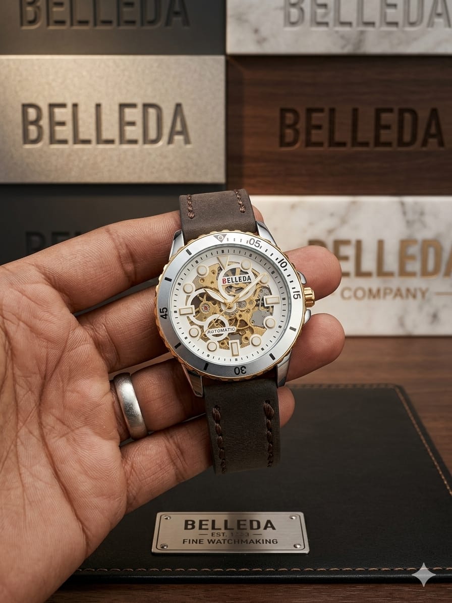 Belleda Automatic Skeleton Luxury Men's Watch (Gold Case with Gray Leather Strap)