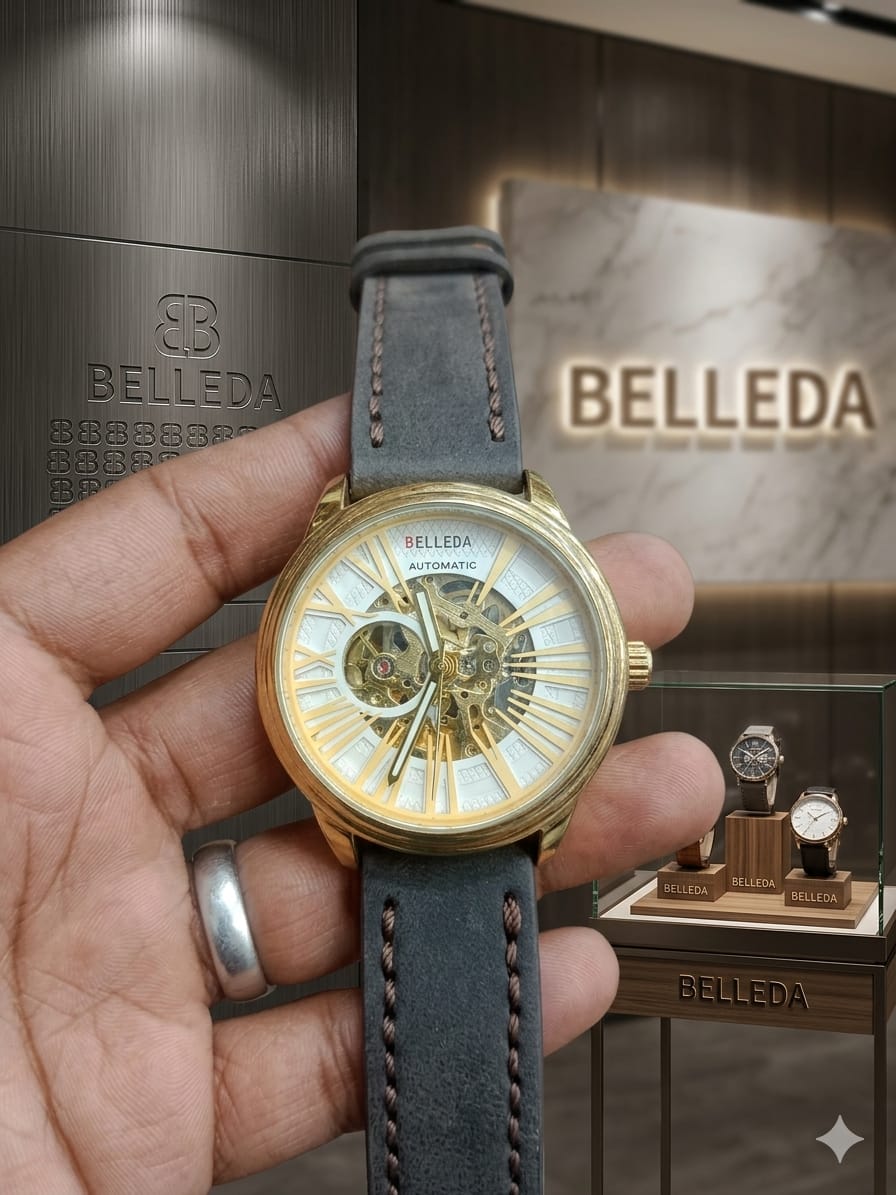 Belleda Automatic Skeleton Luxury Men's Watch (Gold Case with Gray Leather Strap)