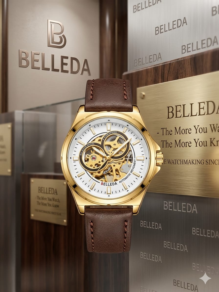 Belleda Automatic Skeleton Luxury Men's Watch (Gold Case with Gray Leather Strap)