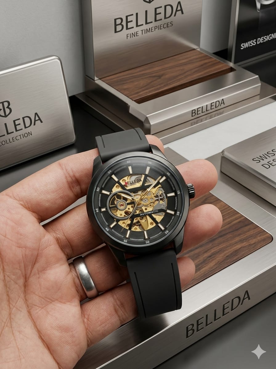 Belleda Automatic Skeleton Luxury Men's Watch (Gold Case with Gray Leather Strap)