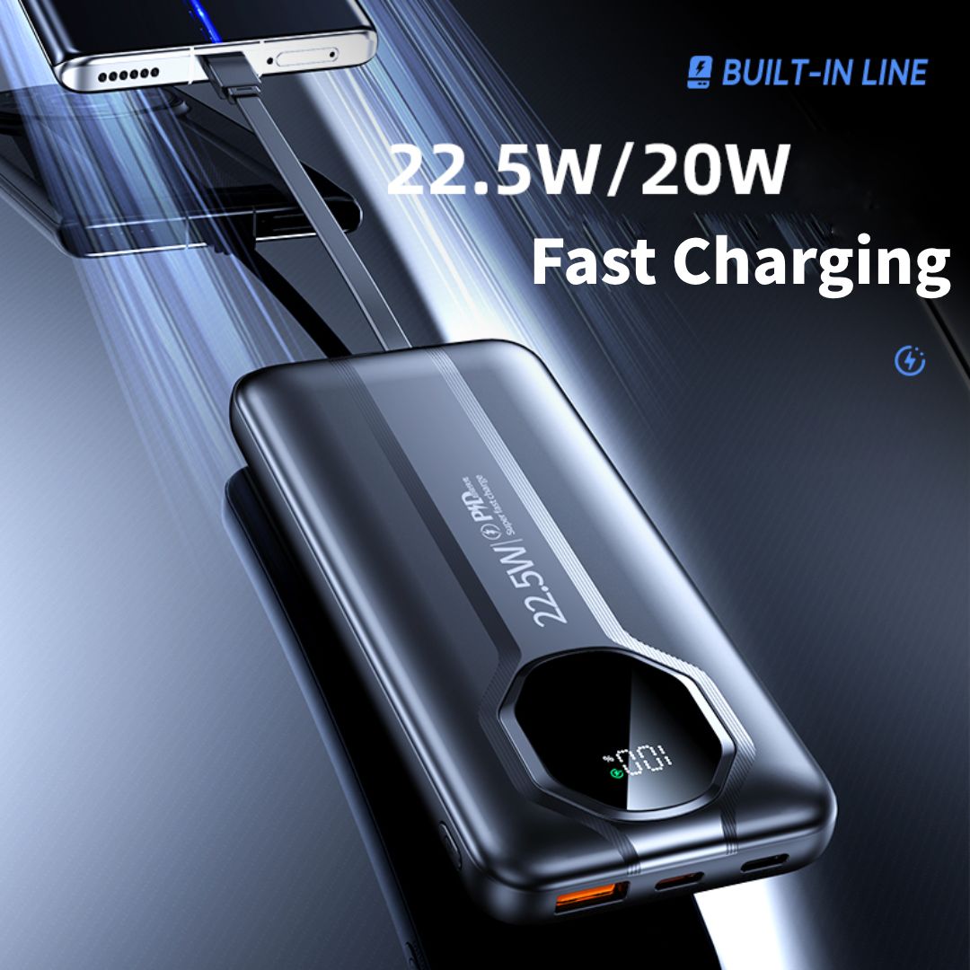 TOPWARP 22.5W PD Super Fast Charge Power Bank with Built-in Lightning & Type-C Cables