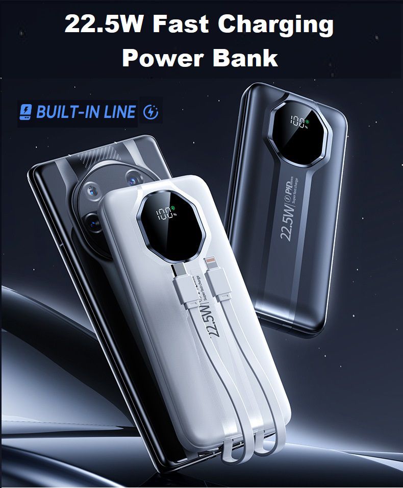 TOPWARP 22.5W PD Super Fast Charge Power Bank with Built-in Lightning & Type-C Cables
