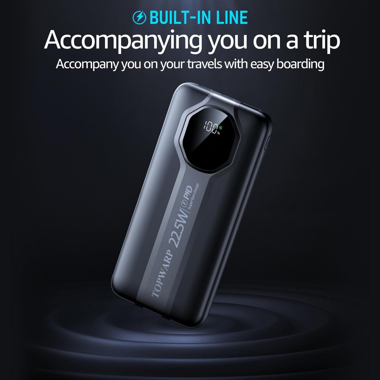 TOPWARP 22.5W PD Super Fast Charge Power Bank with Built-in Lightning & Type-C Cables