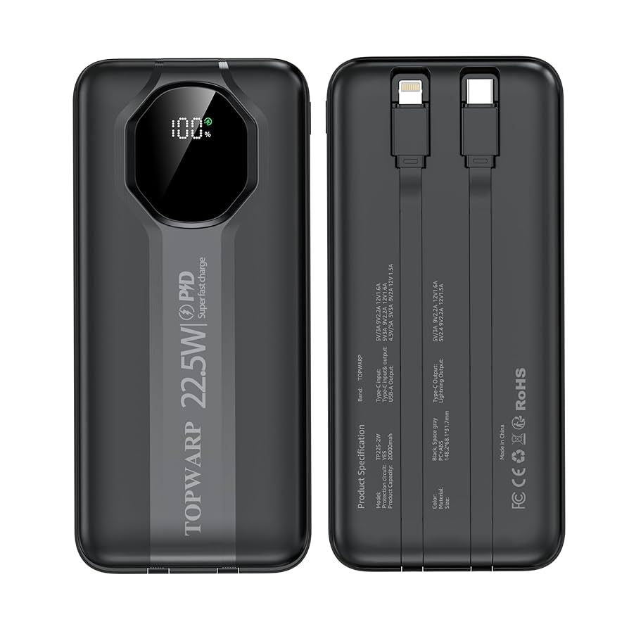 TOPWARP 22.5W PD Super Fast Charge Power Bank with Built-in Lightning & Type-C Cables