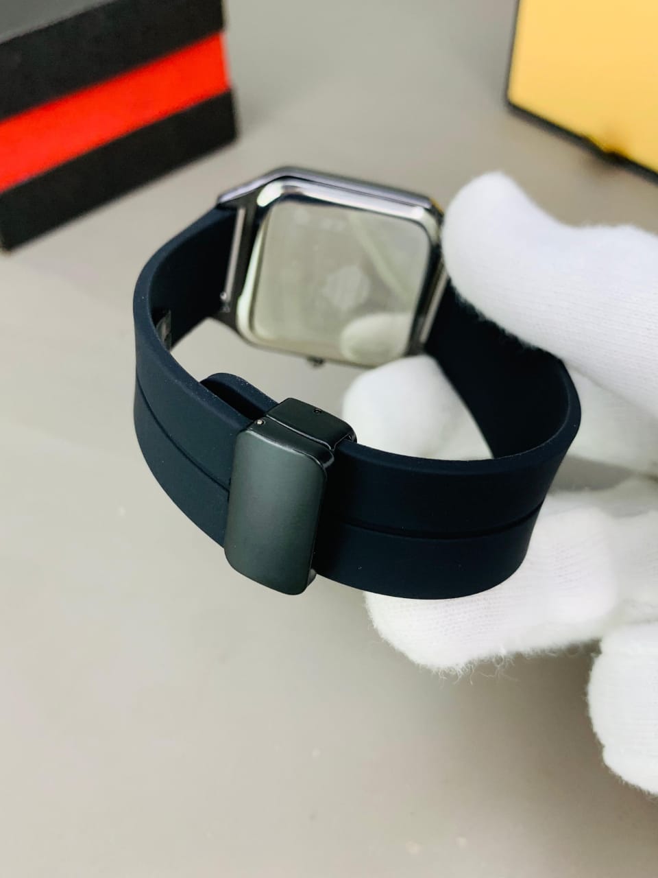 SABR Black Square Analog Watch with Arabic Numerals & Rubber Strap