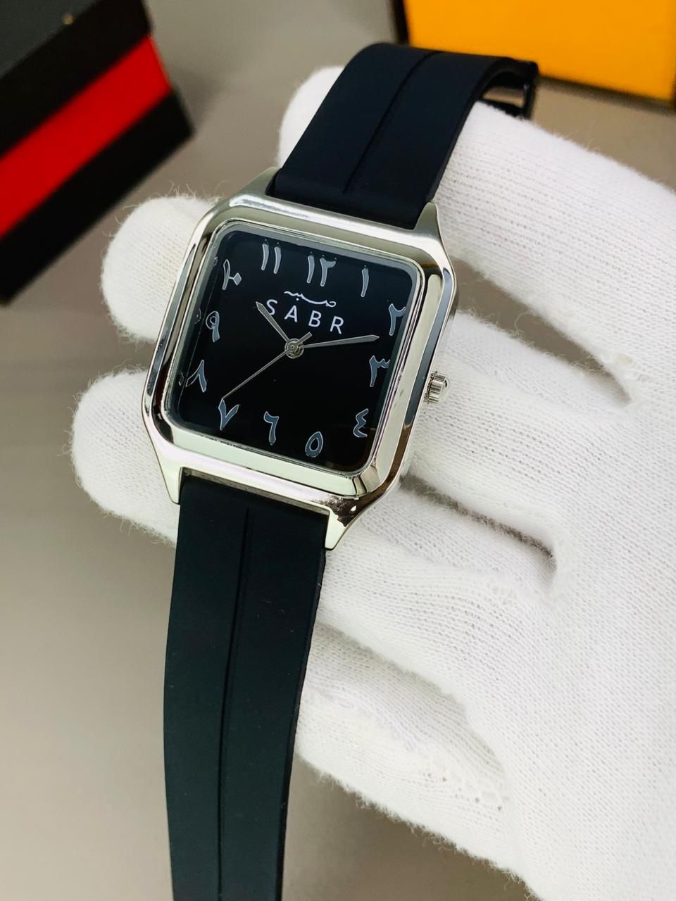 SABR Black Square Analog Watch with Arabic Numerals & Rubber Strap