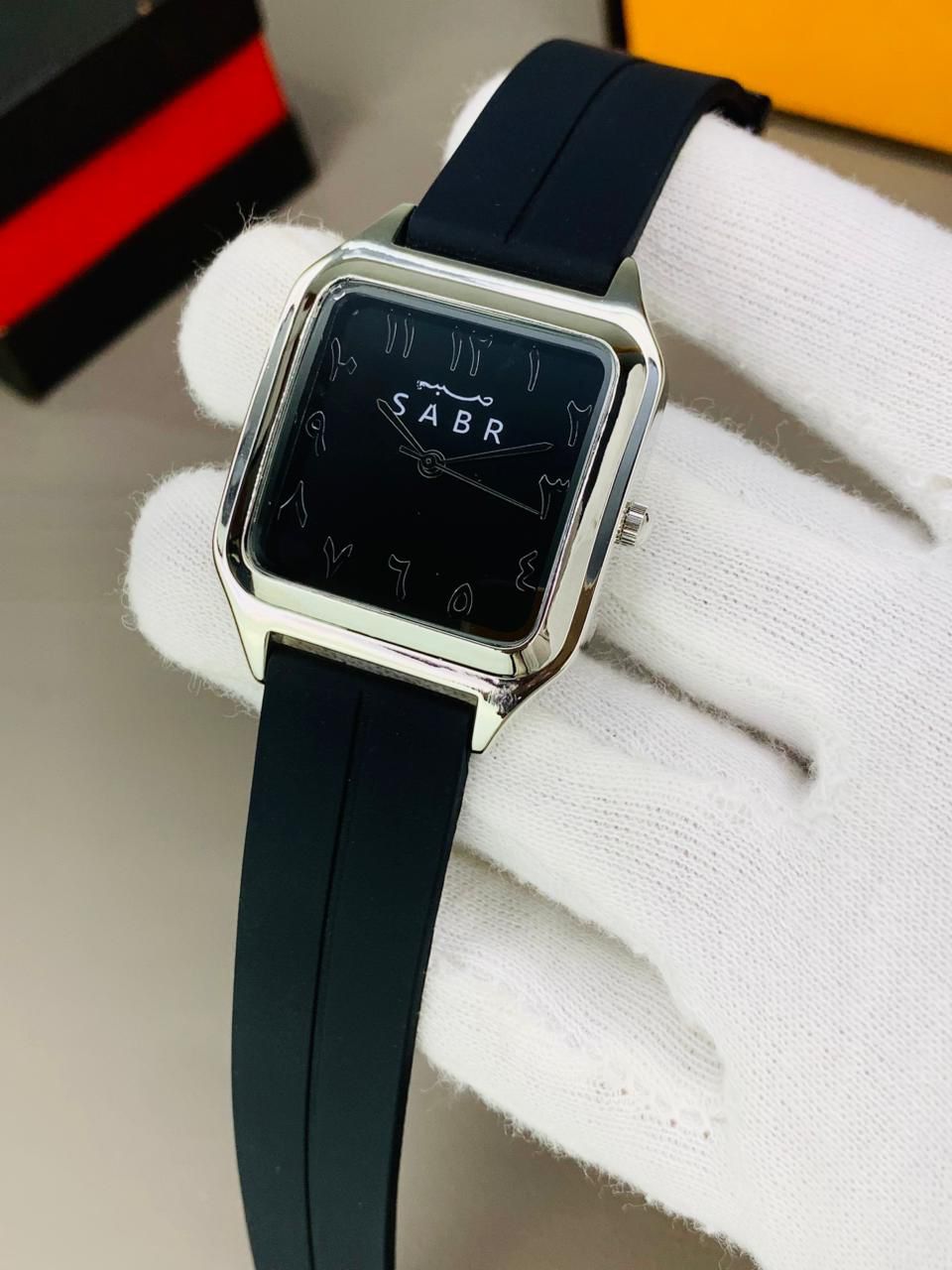 SABR Black Square Analog Watch with Arabic Numerals & Rubber Strap