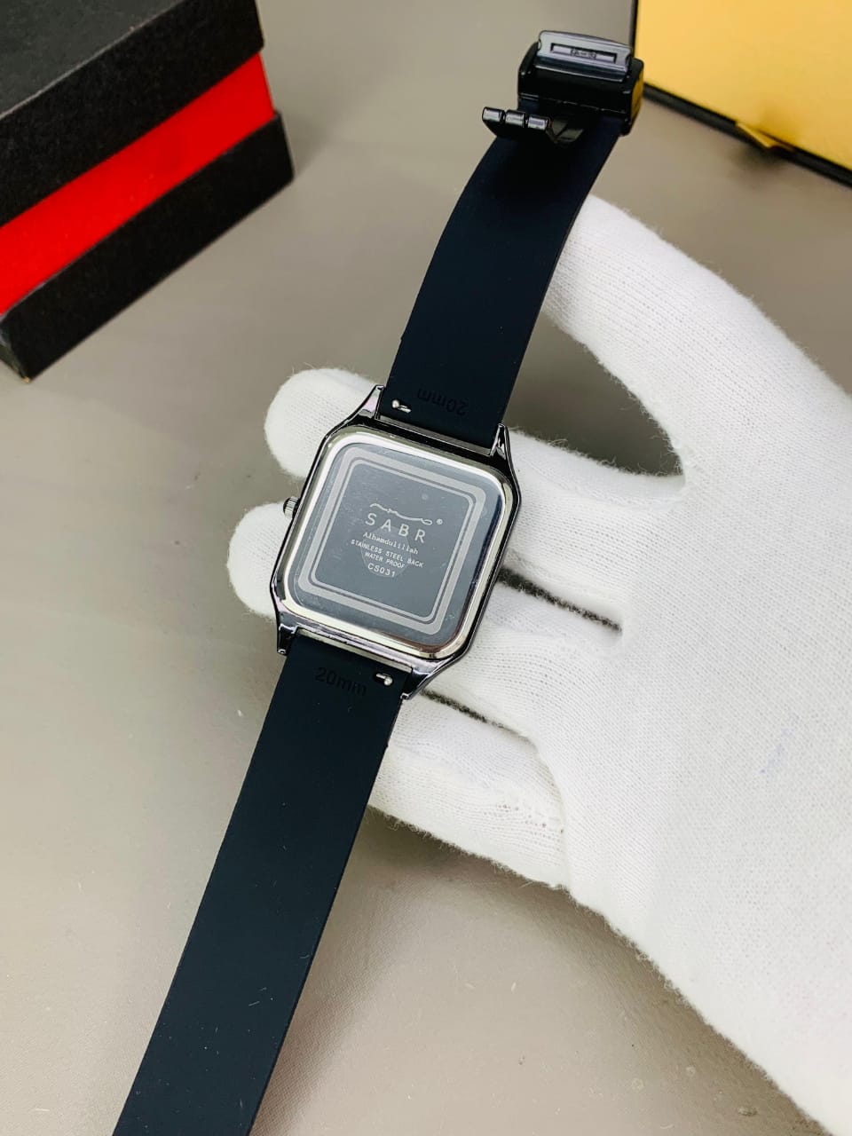 SABR Black Square Analog Watch with Arabic Numerals & Rubber Strap