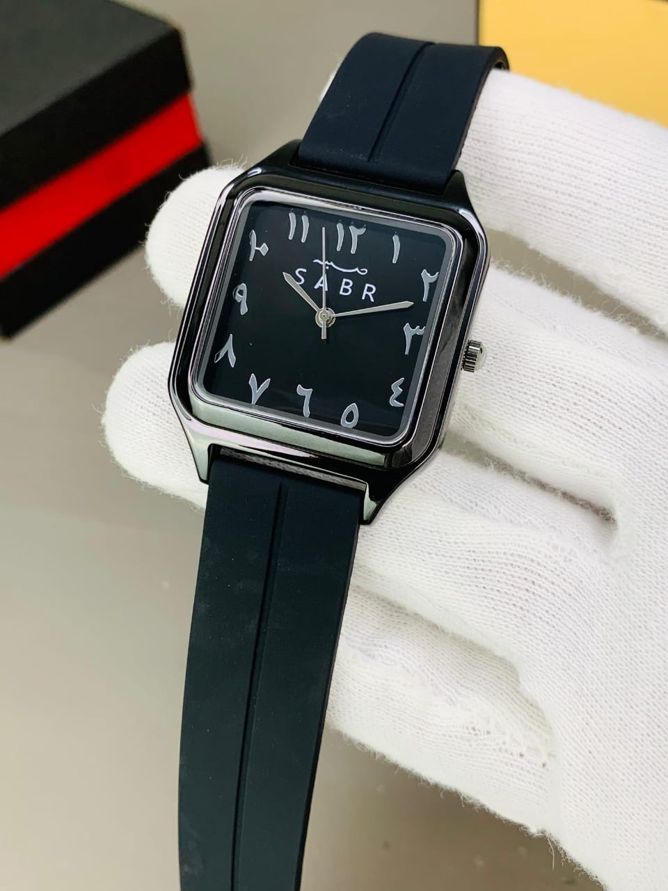 SABR Black Square Analog Watch with Arabic Numerals & Rubber Strap