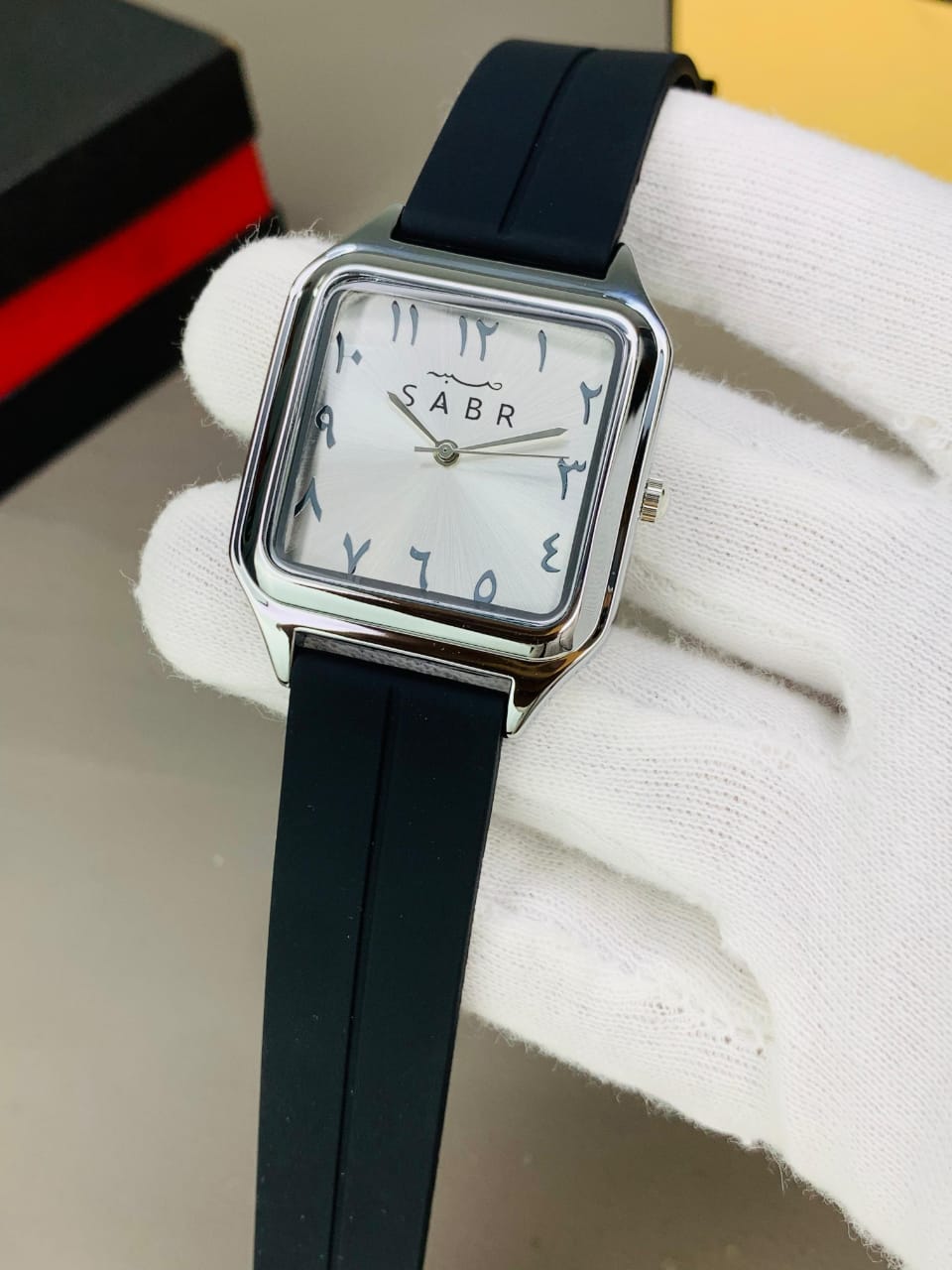 SABR Black Square Analog Watch with Arabic Numerals & Rubber Strap