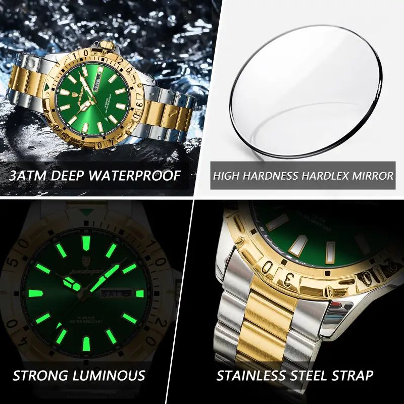 Poedagar 21ATS Luxury Two-Tone Gold & Silver Stainless Steel Green Dial Waterproof Men's Watch (30 Meter Water Resistant)