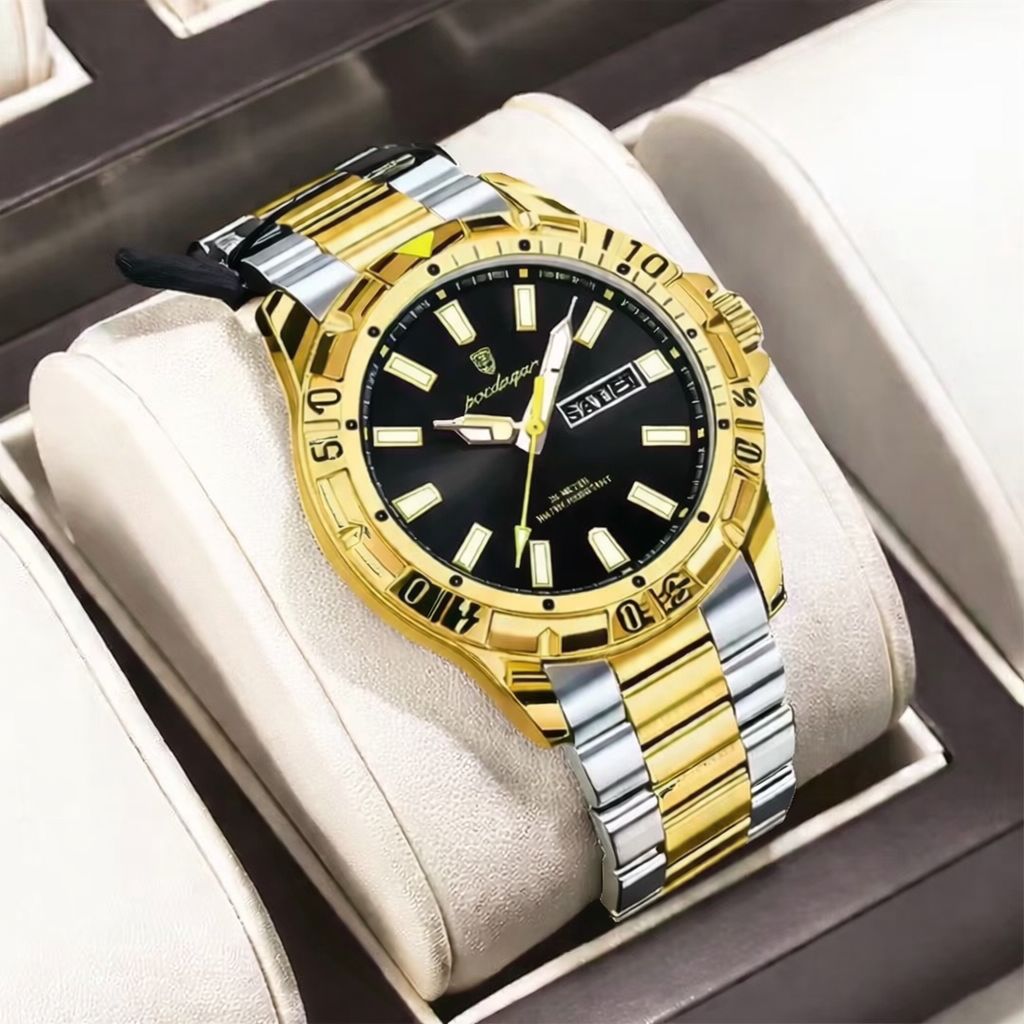 Poedagar 21ATS Luxury Two-Tone Gold & Silver Stainless Steel Green Dial Waterproof Men's Watch (30 Meter Water Resistant)