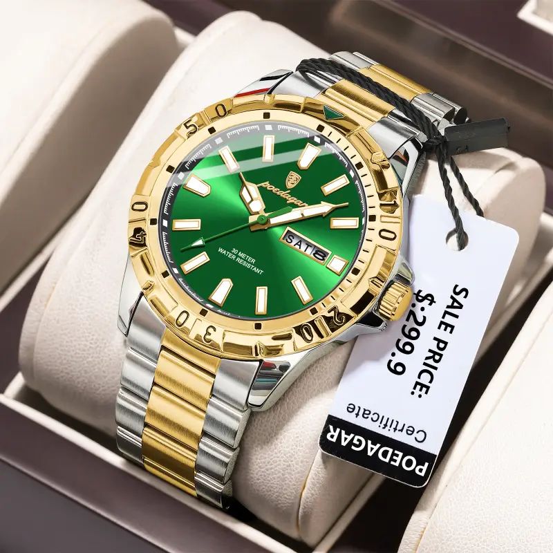 Poedagar 21ATS Luxury Two-Tone Gold & Silver Stainless Steel Green Dial Waterproof Men's Watch (30 Meter Water Resistant)