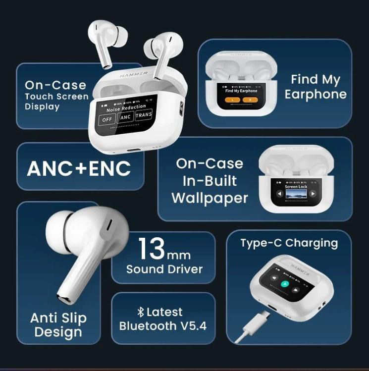 Smart ANC Wireless Bluetooth Earbuds with Transparent Charging Case & Digital Display