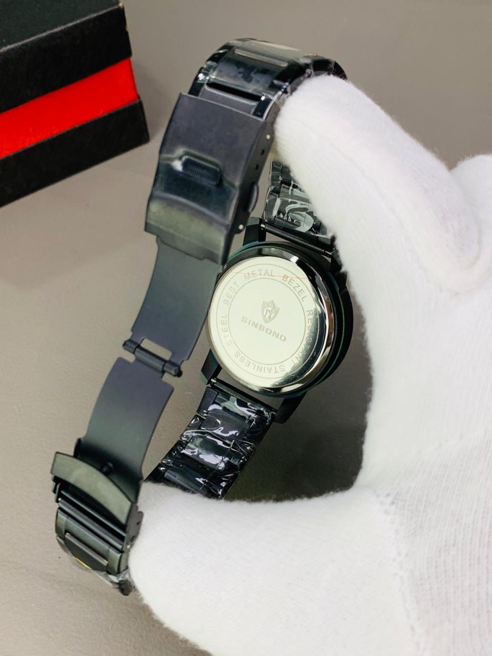 : BINBOND Black Matte Roman Numeral Stainless Steel Analog Watch (Metal Bracelet)