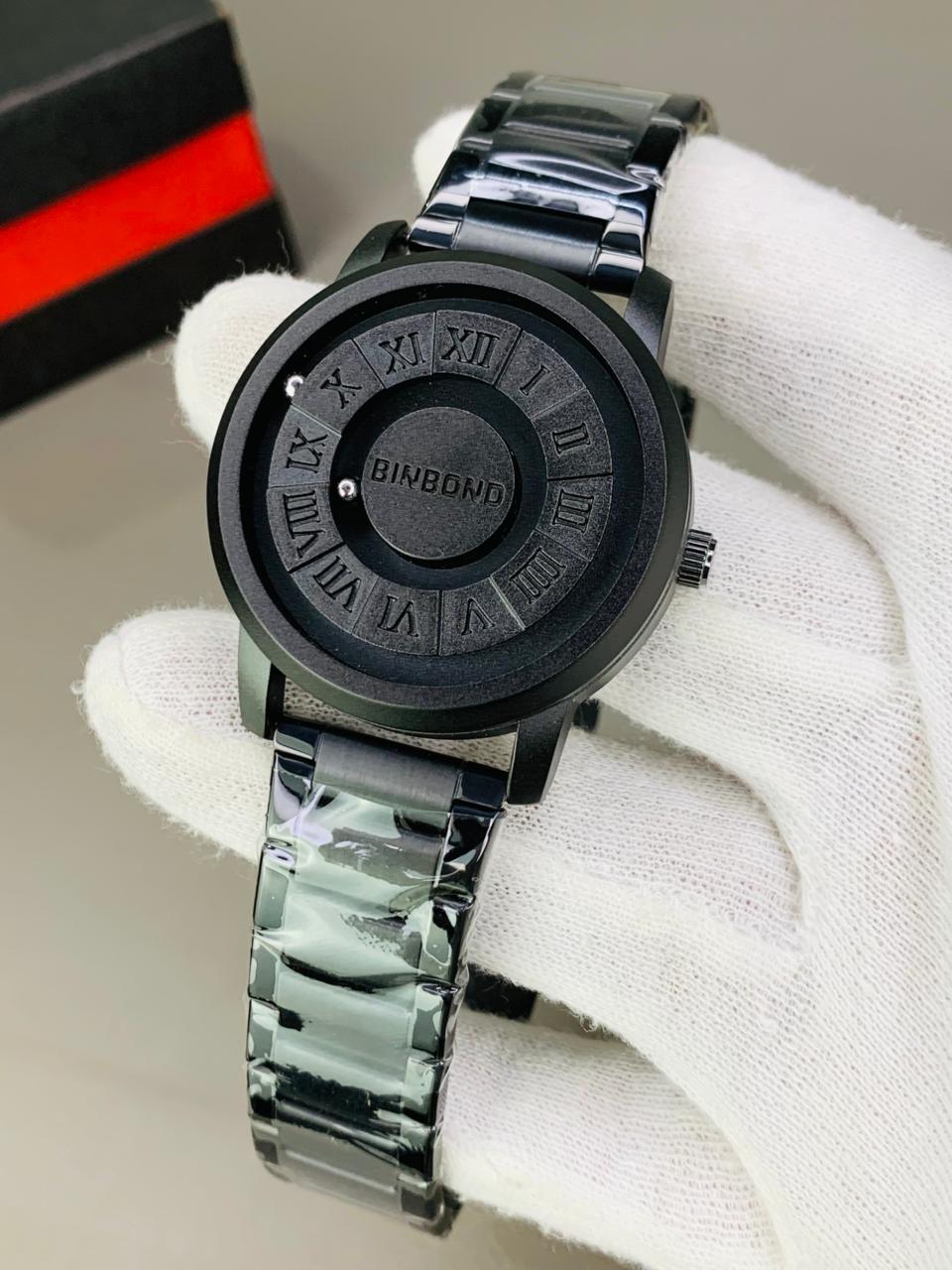 : BINBOND Black Matte Roman Numeral Stainless Steel Analog Watch (Metal Bracelet)